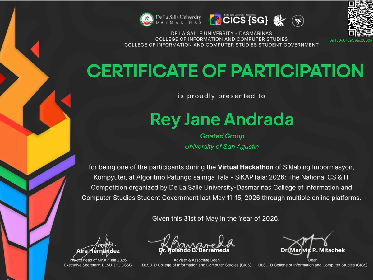 SIKAPTALA National Hackathon certificate